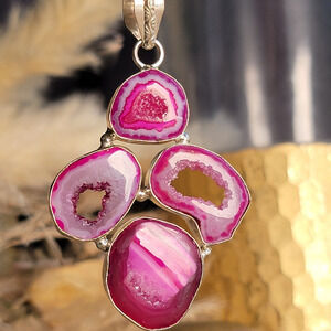 Raw Pink Geode Pendant – Vibrant Crystal Slice + 20" Sterling Silver Chain